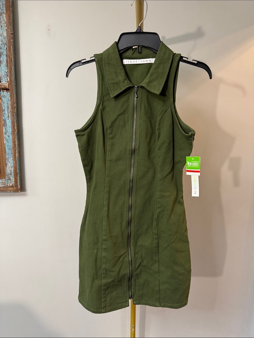Tinseltown Olive Zip-Up Debim Collared Mini Dress NWT XS